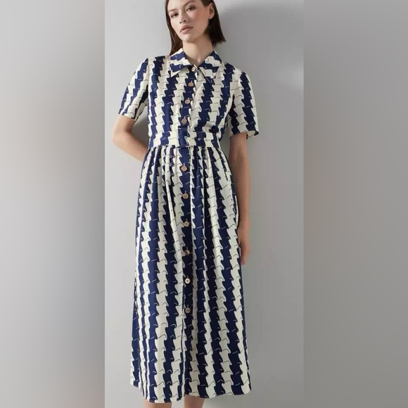 NWT L.K Bennett Calder Navy and Cream Wavy Stripe Shirt Dress in Size 14 - Picture 2 of 8